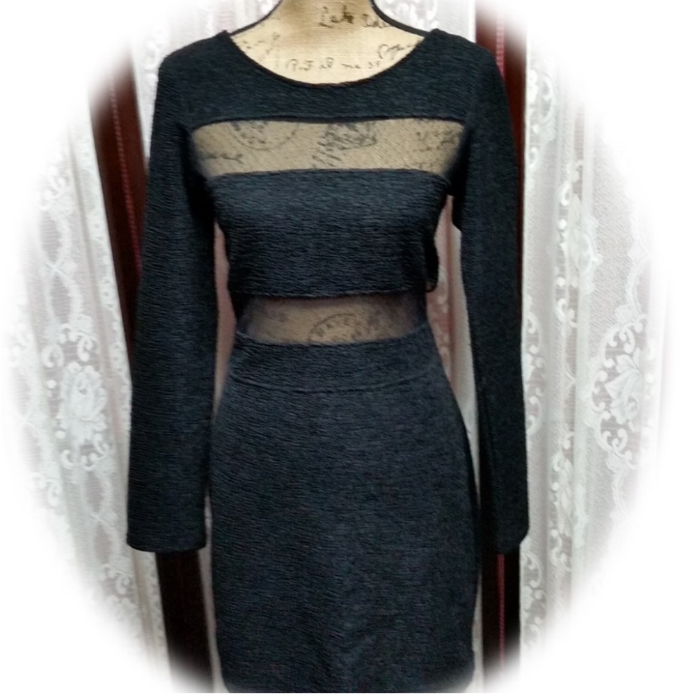 BCBGeneration Sexy Black Long Sleeve Bodycon Dress with Polka Dot Mesh cutouts